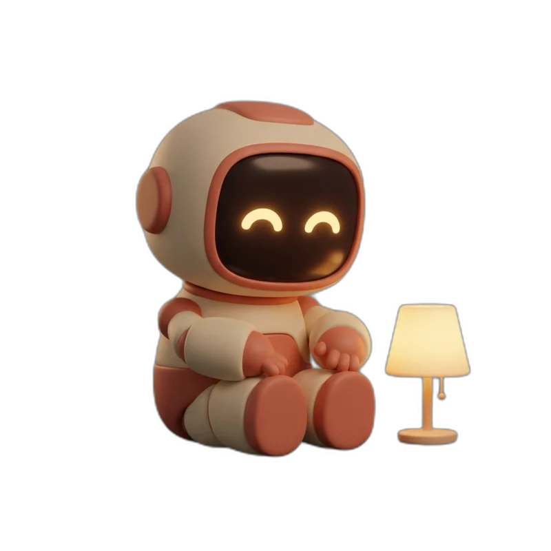 A Via társasági robot csendben ül egy meleg fényű lámpa mellett